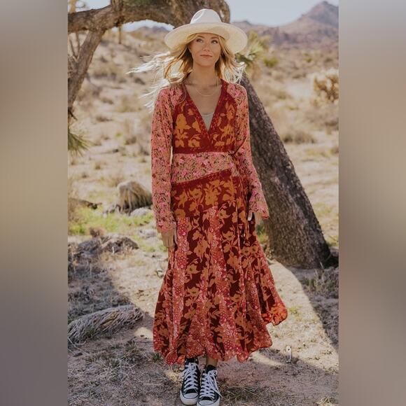 Free People Tilda Wrap Dress in Firebrick Floral Maxi Flowy Bell Sleeve Medium - Picture 1 of 13